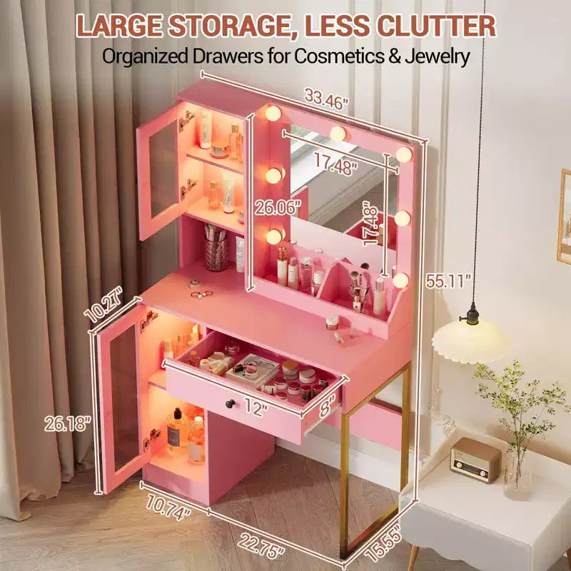 Makeup Vanity Desk with Mirror and Lights, Vanity Table with Charging Station, Wood Dressing Table for Bedroom for Girls