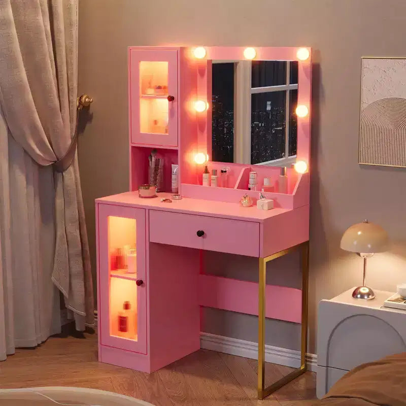 Makeup Vanity Desk with Mirror and Lights, Vanity Table with Charging Station, Wood Dressing Table for Bedroom for Girls