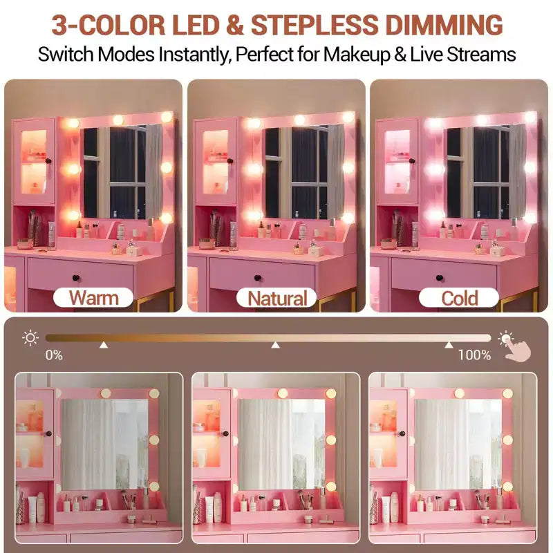 Makeup Vanity Desk with Mirror and Lights, Vanity Table with Charging Station, Wood Dressing Table for Bedroom for Girls