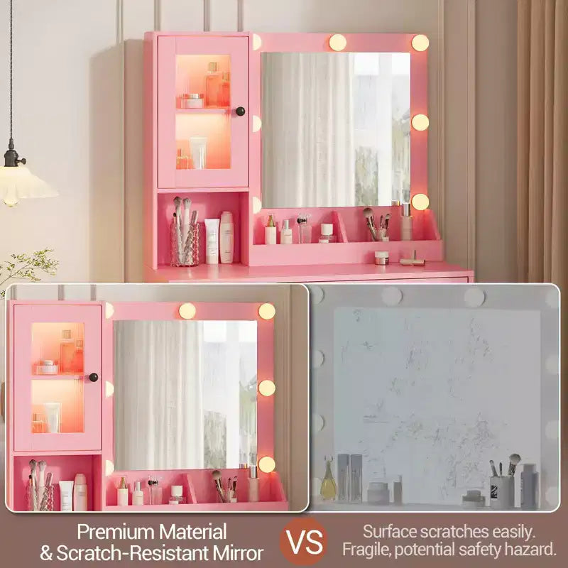 Makeup Vanity Desk with Mirror and Lights, Vanity Table with Charging Station, Wood Dressing Table for Bedroom for Girls
