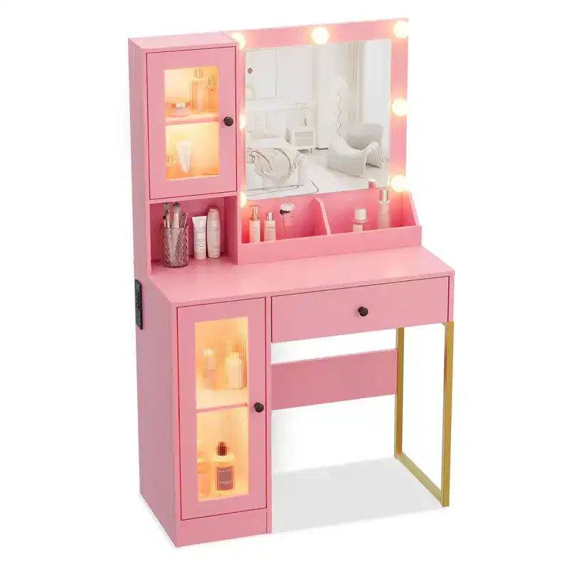 Makeup Vanity Desk with Mirror and Lights, Vanity Table with Charging Station, Wood Dressing Table for Bedroom for Girls