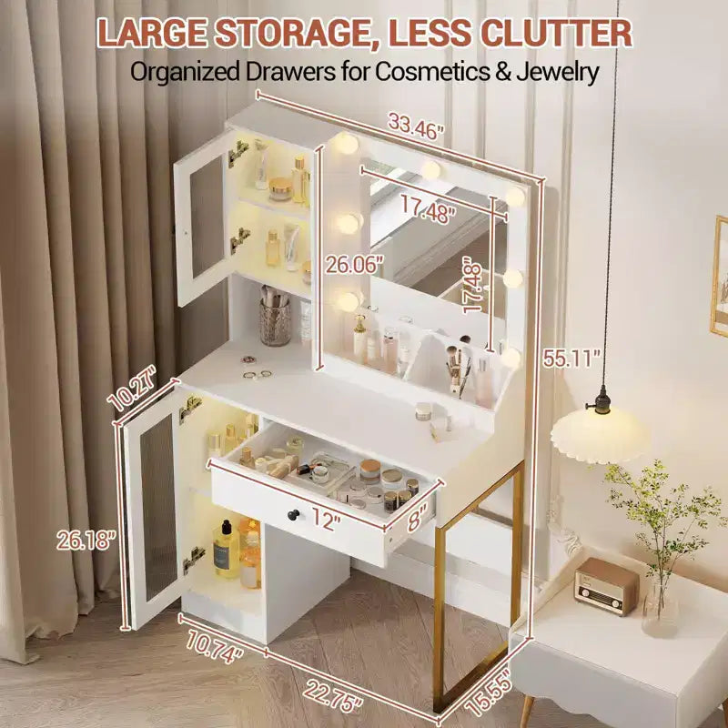 Makeup Vanity Desk with Mirror and Lights, Vanity Table with Charging Station, Wood Dressing Table for Bedroom for Girls