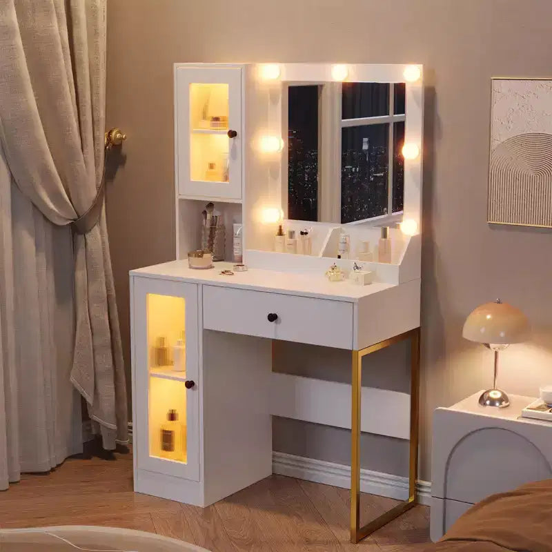Makeup Vanity Desk with Mirror and Lights, Vanity Table with Charging Station, Wood Dressing Table for Bedroom for Girls