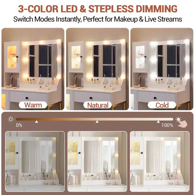 Makeup Vanity Desk with Mirror and Lights, Vanity Table with Charging Station, Wood Dressing Table for Bedroom for Girls