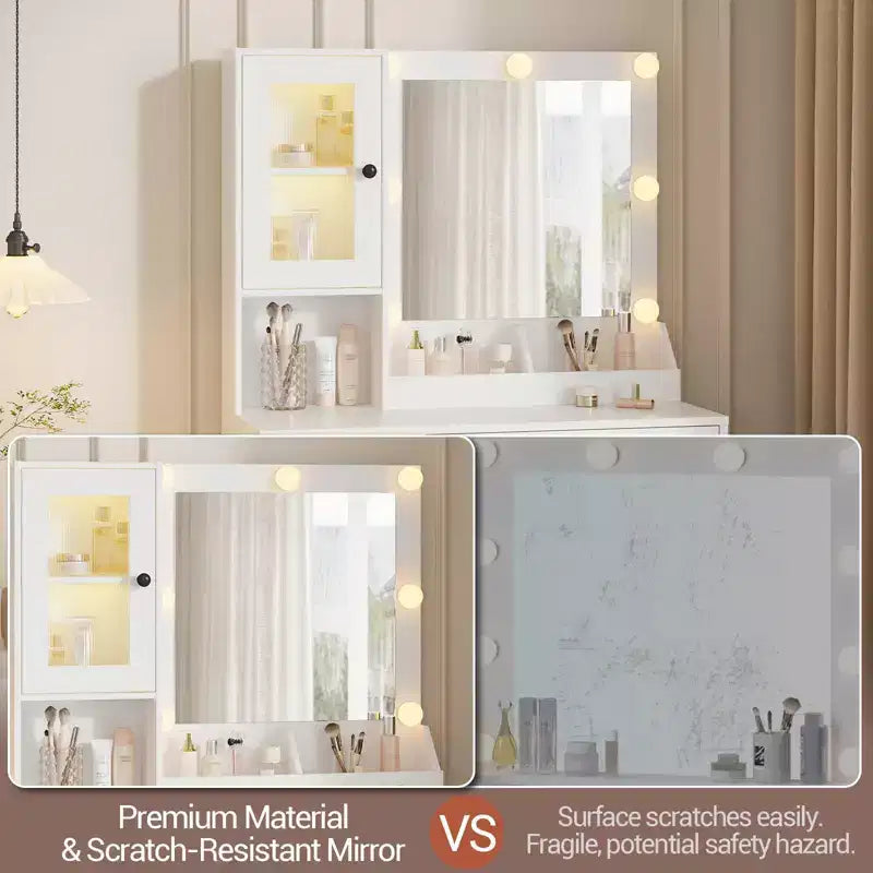 Makeup Vanity Desk with Mirror and Lights, Vanity Table with Charging Station, Wood Dressing Table for Bedroom for Girls