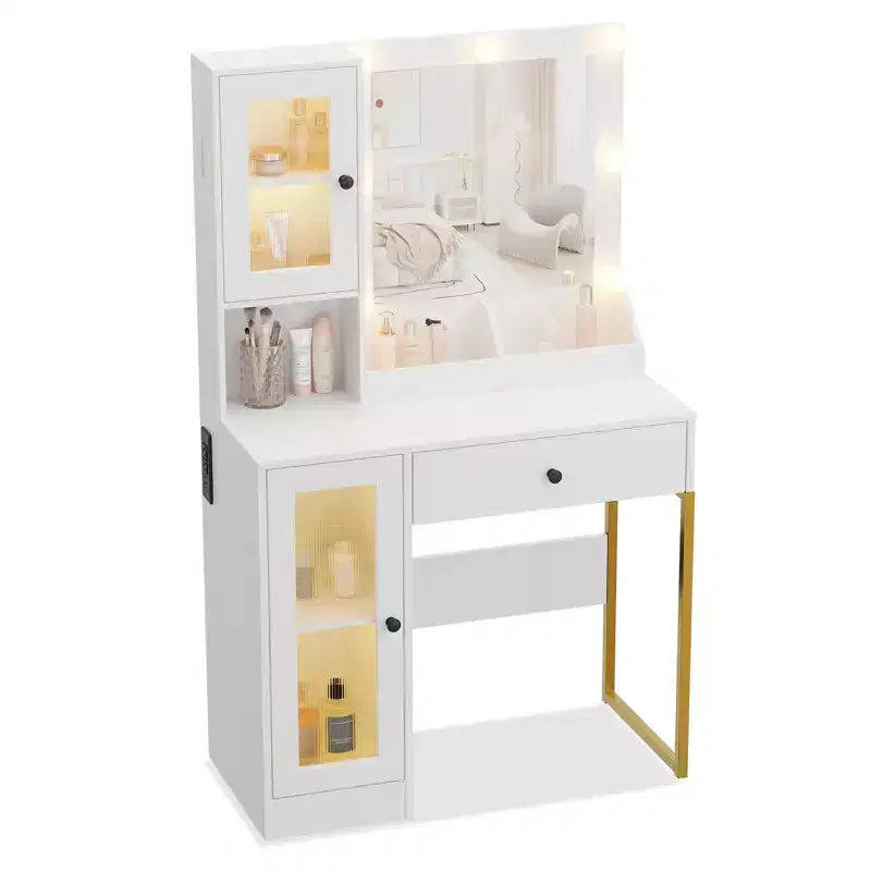 Makeup Vanity Desk with Mirror and Lights, Vanity Table with Charging Station, Wood Dressing Table for Bedroom for Girls