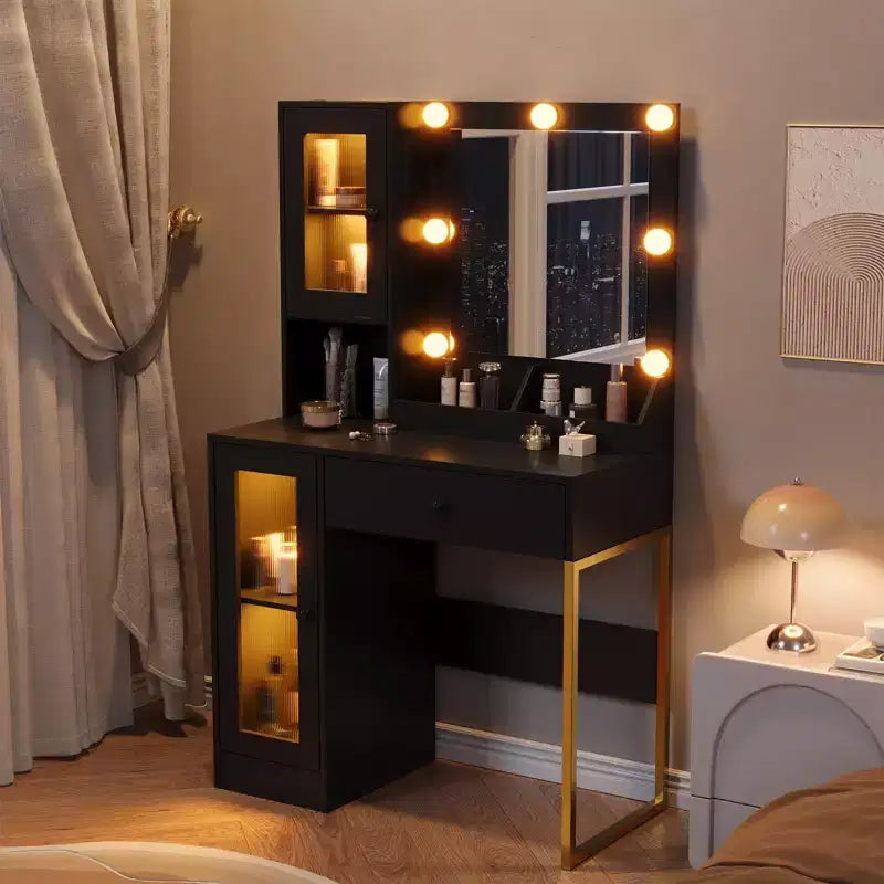 Makeup Vanity Desk with Mirror and Lights, Vanity Table with Charging Station, Wood Dressing Table for Bedroom for Girls
