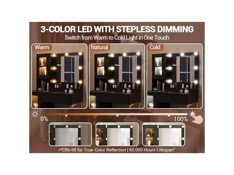 Makeup Vanity Desk with Mirror and Lights, Vanity Table with Charging Station, Wood Dressing Table for Bedroom for Girls
