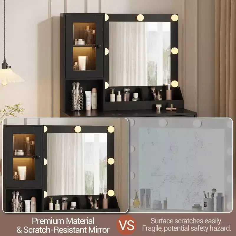 Makeup Vanity Desk with Mirror and Lights, Vanity Table with Charging Station, Wood Dressing Table for Bedroom for Girls