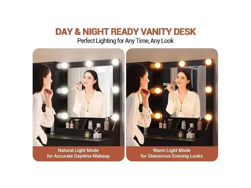 Makeup Vanity Desk with Mirror and Lights, Vanity Table with Charging Station, Wood Dressing Table for Bedroom for Girls