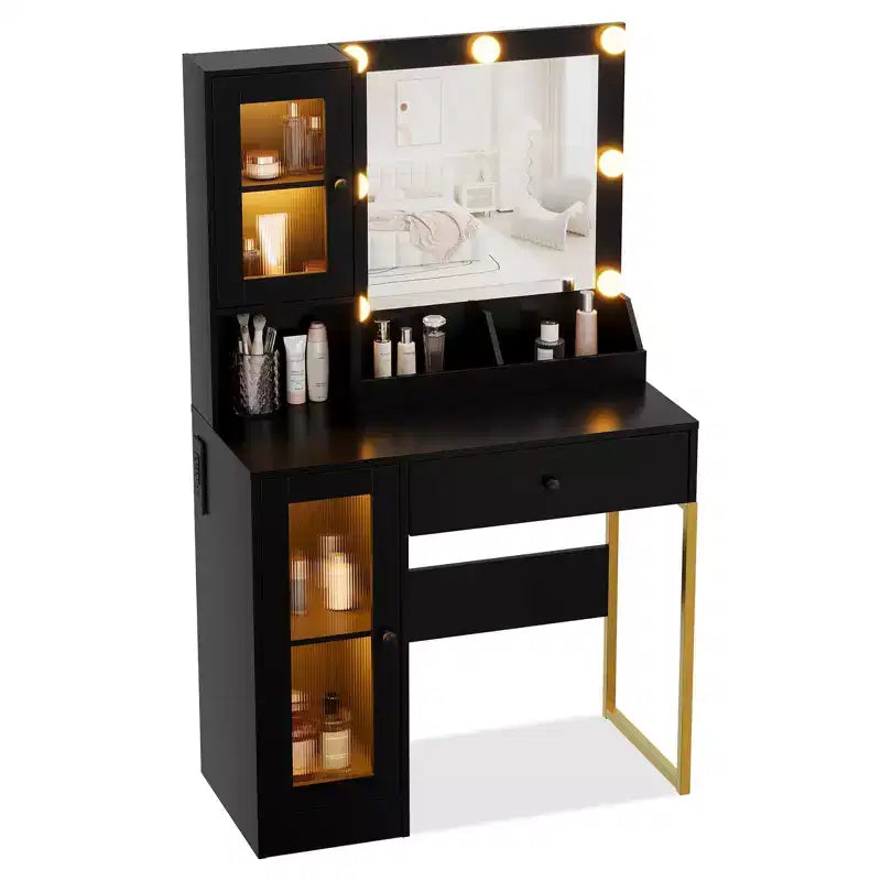 Makeup Vanity Desk with Mirror and Lights, Vanity Table with Charging Station, Wood Dressing Table for Bedroom for Girls