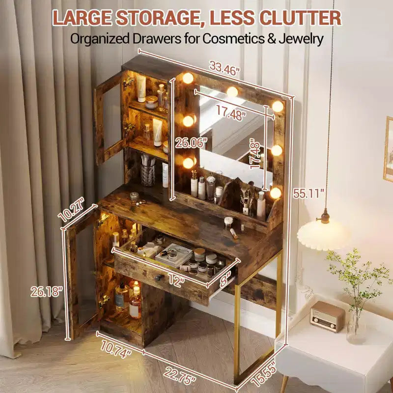 Makeup Vanity Desk with Mirror and Lights, Vanity Table with Charging Station, Wood Dressing Table for Bedroom for Girls