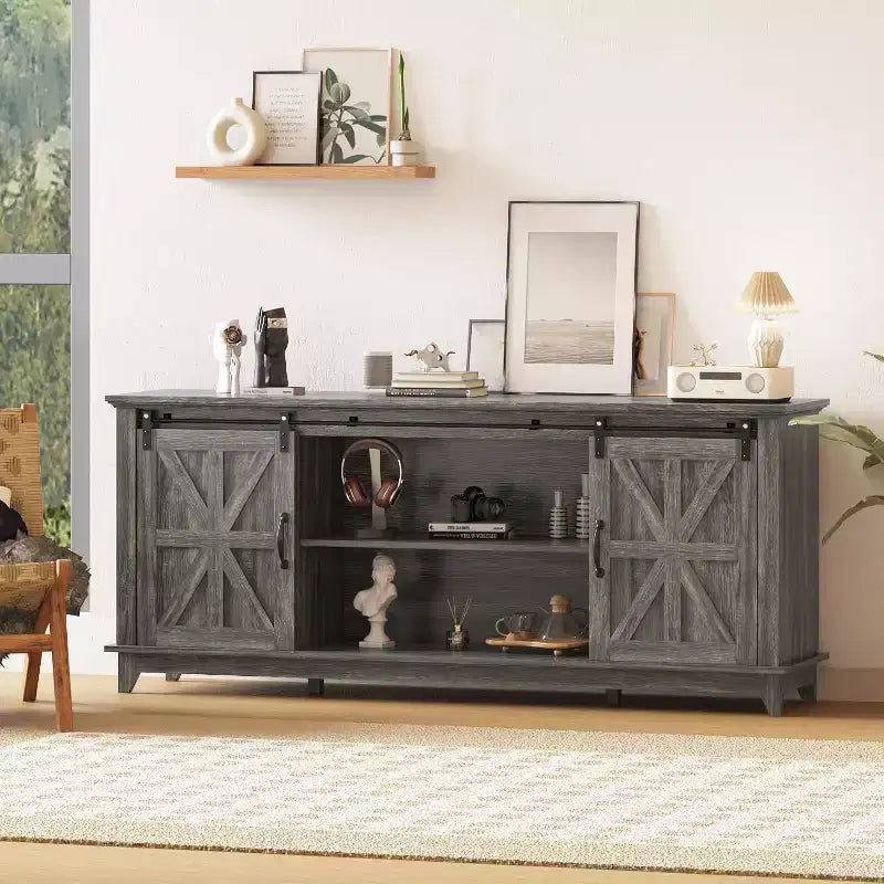 Acekool 70-Inch Farmhouse TV Stand with Cross Barn Doors, Entertainment Center for Living Room