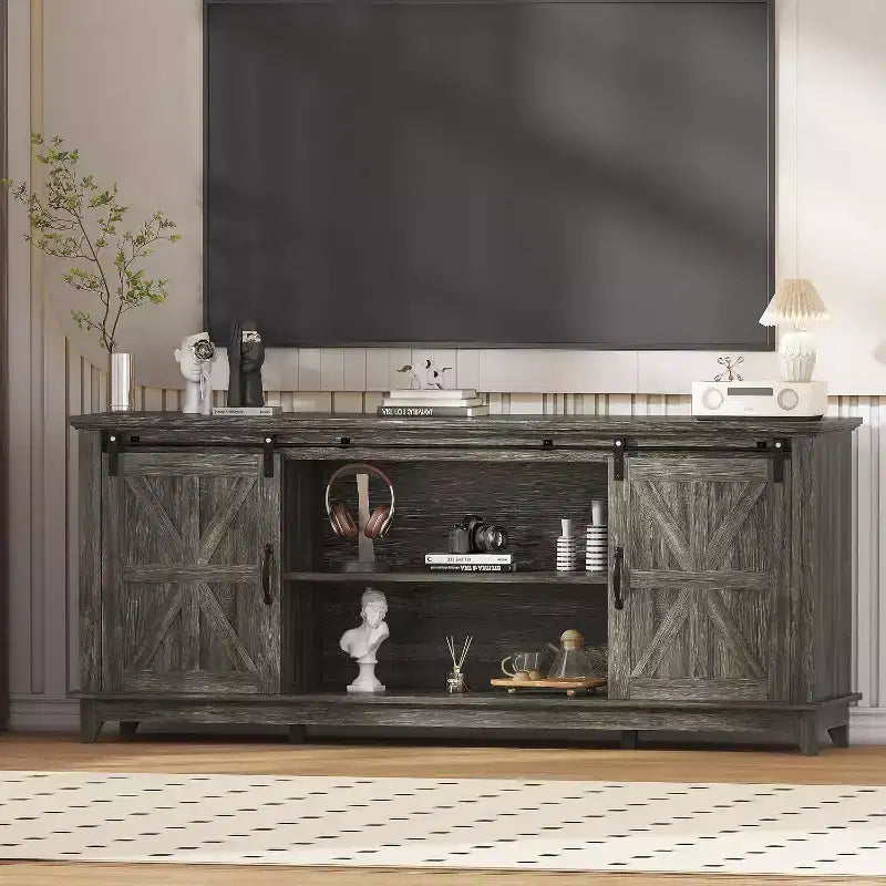 Acekool 70-Inch Farmhouse TV Stand with Cross Barn Doors, Entertainment Center for Living Room