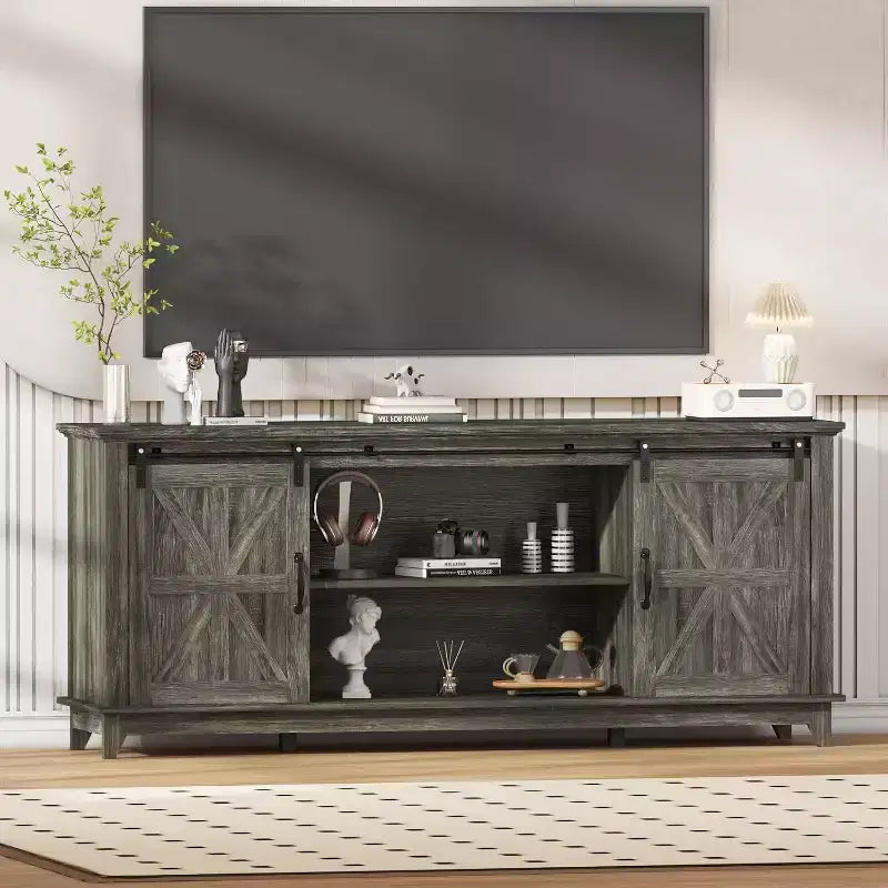 Acekool 70-Inch Farmhouse TV Stand with Cross Barn Doors, Entertainment Center for Living Room