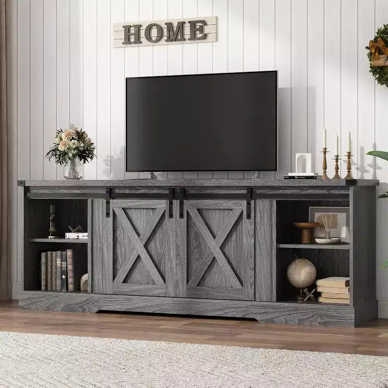Acekool 70-Inch Farmhouse TV Stand with Cross Barn Doors, Entertainment Center for Living Room