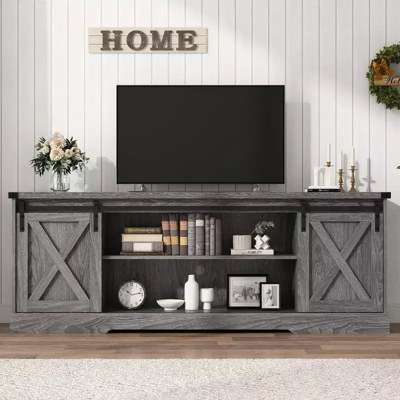 Acekool 70-Inch Farmhouse TV Stand with Cross Barn Doors, Entertainment Center for Living Room