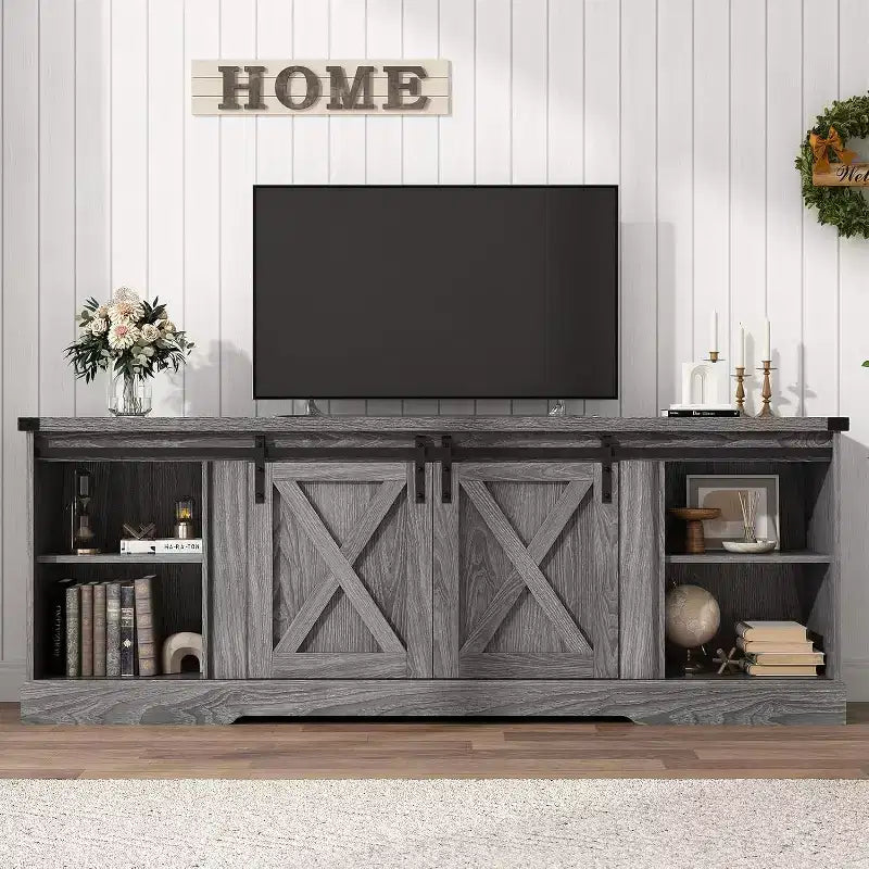 Acekool 70-Inch Farmhouse TV Stand with Cross Barn Doors, Entertainment Center for Living Room