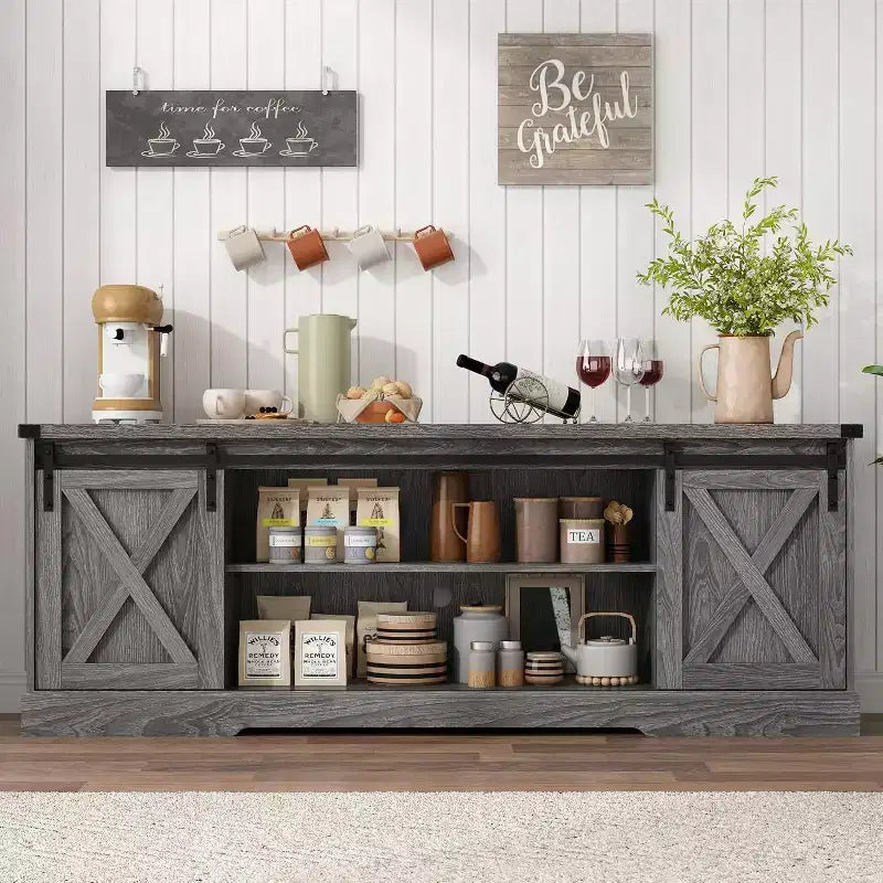 Acekool 70-Inch Farmhouse TV Stand with Cross Barn Doors, Entertainment Center for Living Room