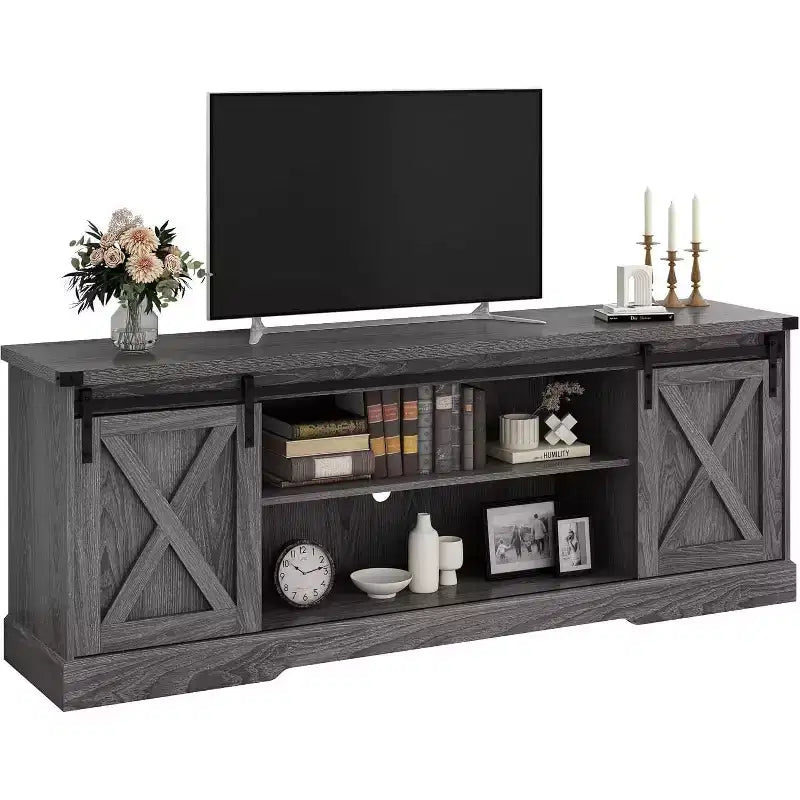 Acekool 70-Inch Farmhouse TV Stand with Cross Barn Doors, Entertainment Center for Living Room