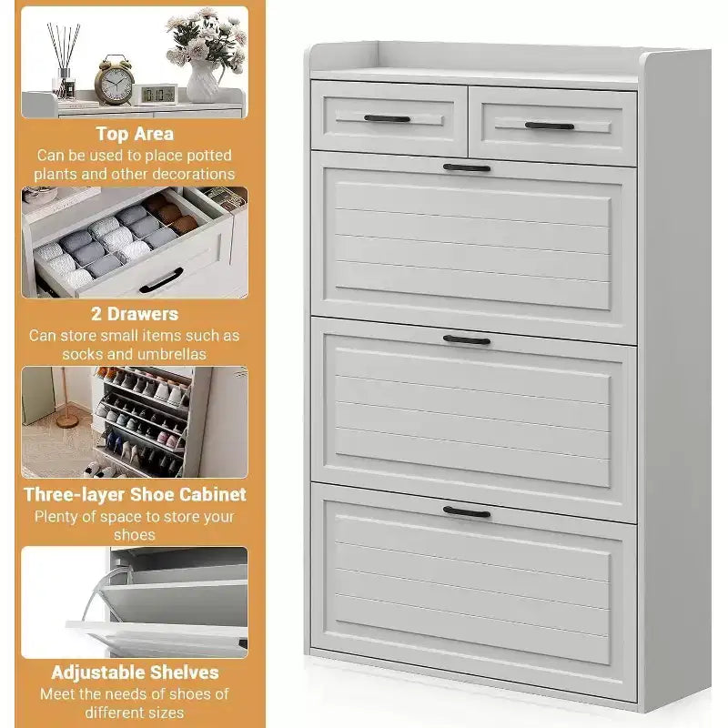 Shoe Storage Cabinet with 3 Flip Drawers and 2 Drawers, Hidden Wood Shoe Cabinet for Entryway, Freestanding Shoes Organizer Cabinet, Narrow Shoe Rack