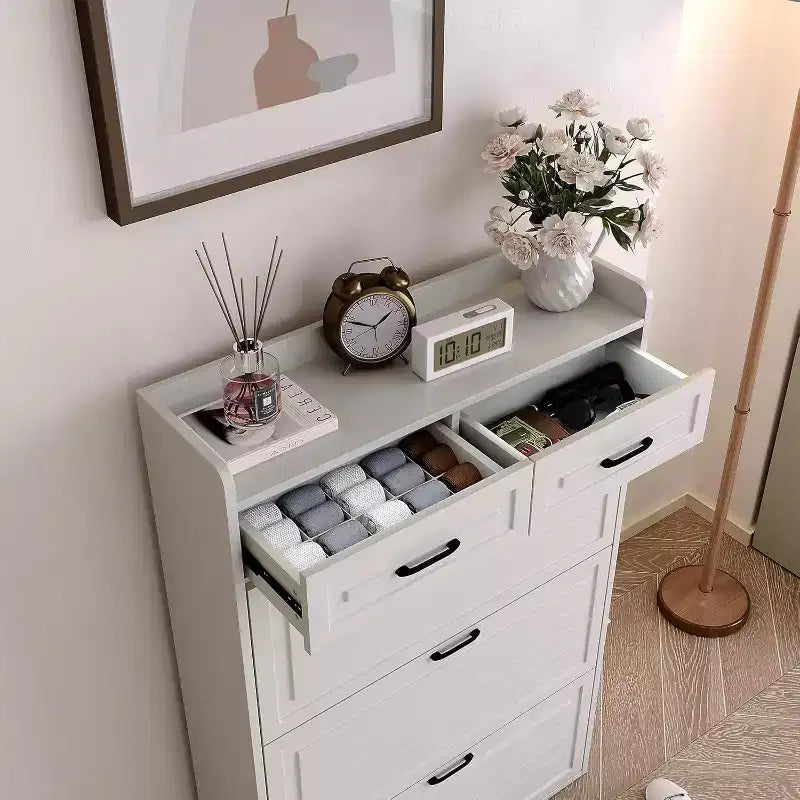 Shoe Storage Cabinet with 3 Flip Drawers and 2 Drawers, Hidden Wood Shoe Cabinet for Entryway, Freestanding Shoes Organizer Cabinet, Narrow Shoe Rack