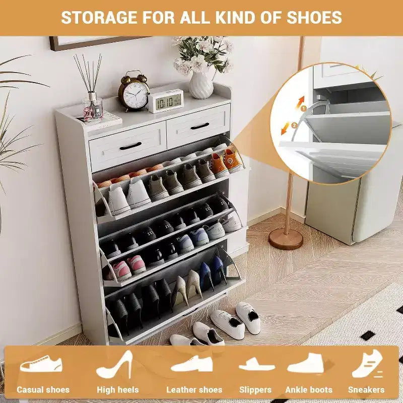 Shoe Storage Cabinet with 3 Flip Drawers and 2 Drawers, Hidden Wood Shoe Cabinet for Entryway, Freestanding Shoes Organizer Cabinet, Narrow Shoe Rack