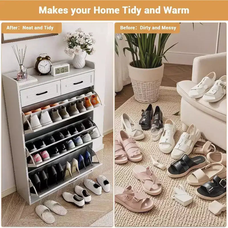 Shoe Storage Cabinet with 3 Flip Drawers and 2 Drawers, Hidden Wood Shoe Cabinet for Entryway, Freestanding Shoes Organizer Cabinet, Narrow Shoe Rack