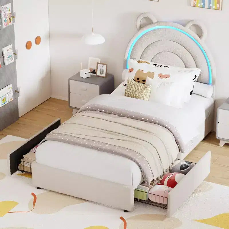 COZONY Upholstered Platform Bed w/ Storage Drawers & Decorative Headboard, Sturdy Wood Slat Support, No Box Spring Needed, Easy Assembly