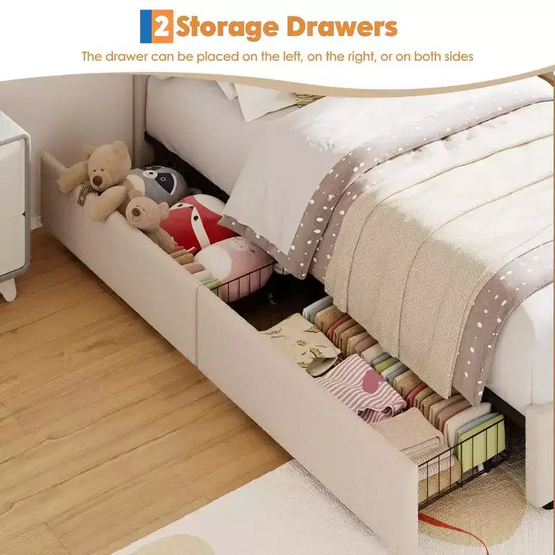 COZONY Upholstered Platform Bed w/ Storage Drawers & Decorative Headboard, Sturdy Wood Slat Support, No Box Spring Needed, Easy Assembly
