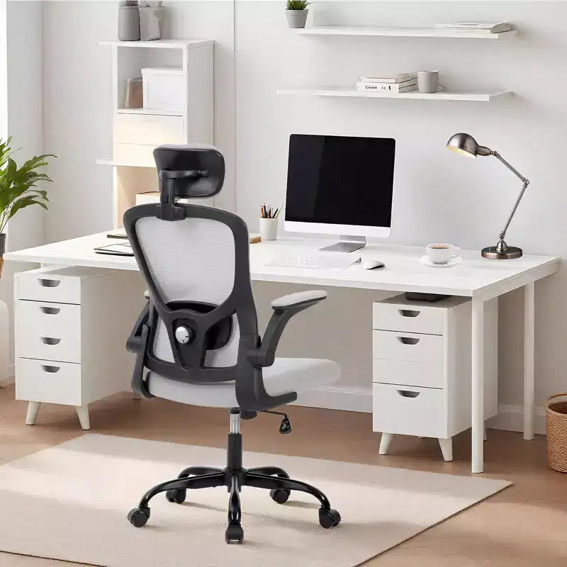 Premium Ergonomic High-Grey Mesh Office Chair - Adjustable Headrest & Reclining Backrest, 360 Swivel - Silent Casters, Skin-Friendly & Durable