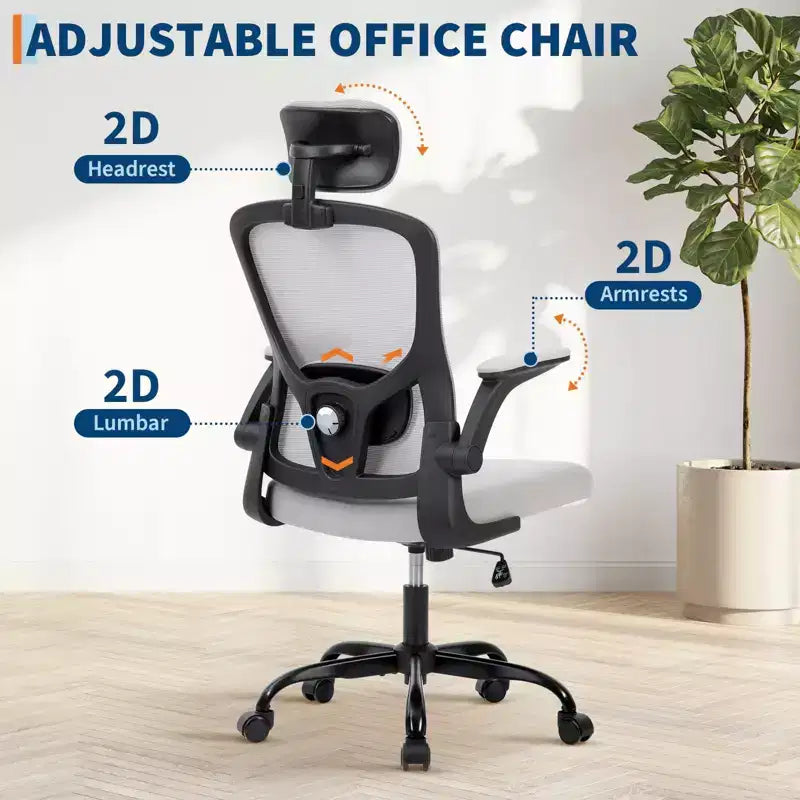 Premium Ergonomic High-Grey Mesh Office Chair - Adjustable Headrest & Reclining Backrest, 360 Swivel - Silent Casters, Skin-Friendly & Durable