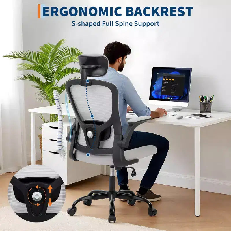 Premium Ergonomic High-Grey Mesh Office Chair - Adjustable Headrest & Reclining Backrest, 360 Swivel - Silent Casters, Skin-Friendly & Durable