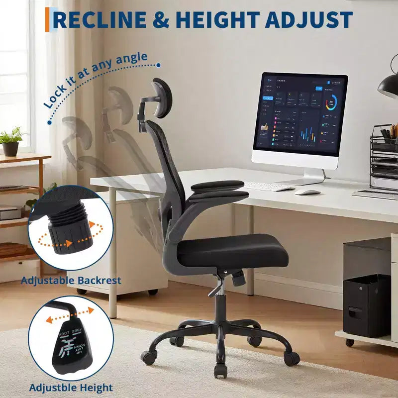 Premium Ergonomic High-Grey Mesh Office Chair - Adjustable Headrest & Reclining Backrest, 360 Swivel - Silent Casters, Skin-Friendly & Durable