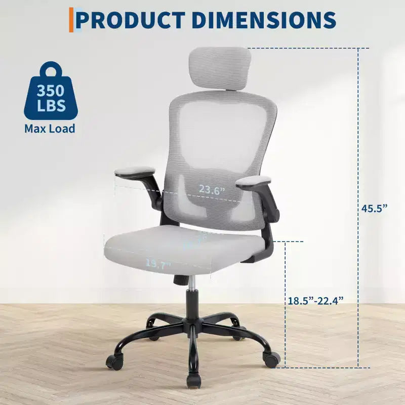 Premium Ergonomic High-Grey Mesh Office Chair - Adjustable Headrest & Reclining Backrest, 360 Swivel - Silent Casters, Skin-Friendly & Durable