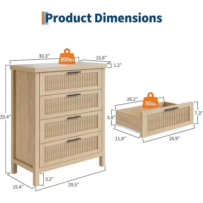 Fluted Dresser for Bedroom,35.4''Tall Chest of Drawers with 4 Storage Drawers,Modern Wood Clothing Organizer Cabinet for Living Room,Bedroom,Entryway