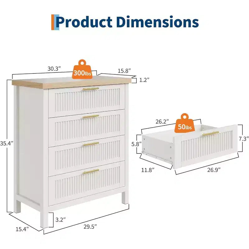 Fluted Dresser for Bedroom,35.4''Tall Chest of Drawers with 4 Storage Drawers,Modern Wood Clothing Organizer Cabinet for Living Room,Bedroom,Entryway
