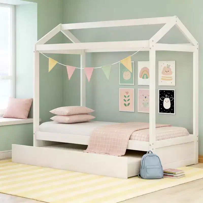 Luxystar Twin Size Wood House Bed with Trundle, White