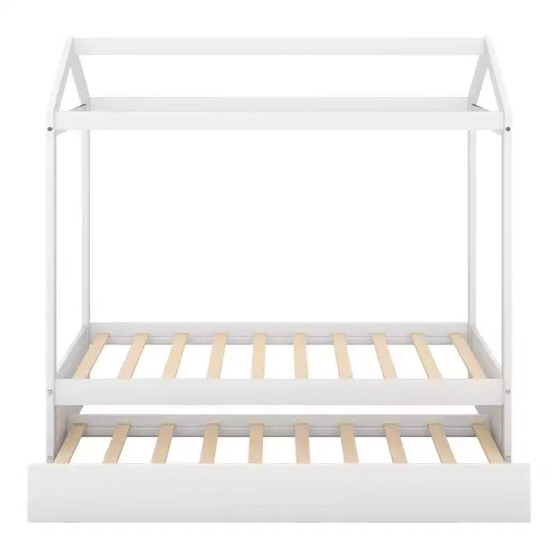 Luxystar Twin Size Wood House Bed with Trundle, White