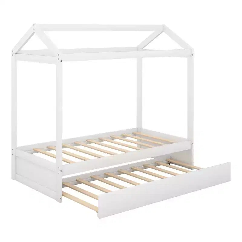 Luxystar Twin Size Wood House Bed with Trundle, White