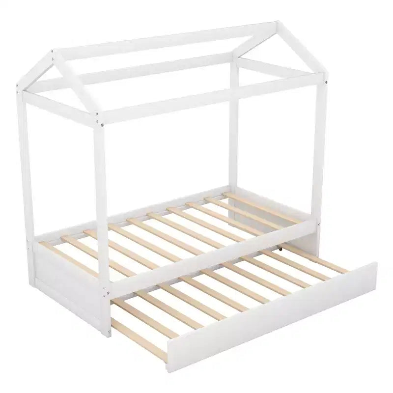 Luxystar Twin Size Wood House Bed with Trundle, White