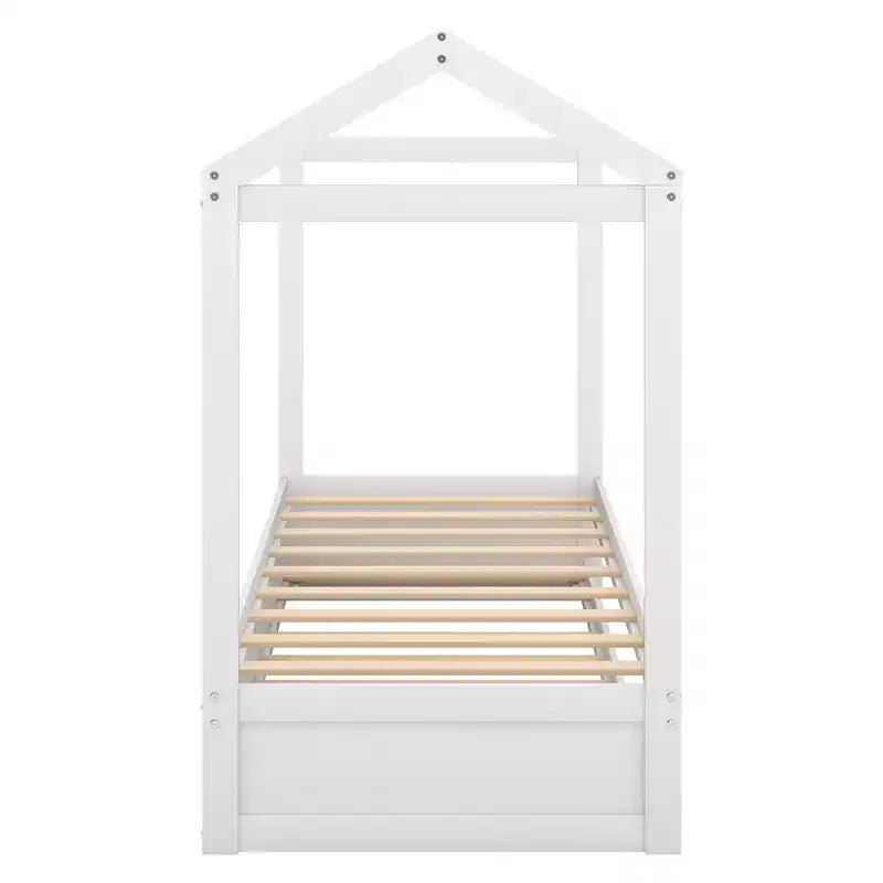 Luxystar Twin Size Wood House Bed with Trundle, White