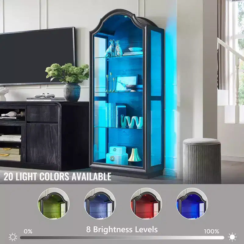 72 Arched Kitchen Pantry, 4-Tier Glass Display Cabinet with 20 Color LED Lights, Modern Display Case Shelf for Living Room
