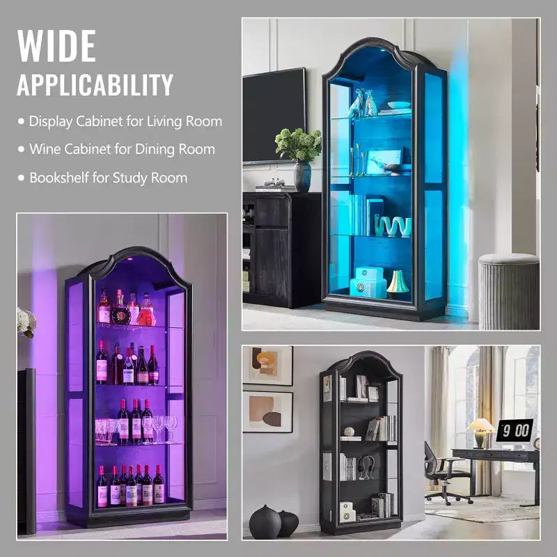 72 Arched Kitchen Pantry, 4-Tier Glass Display Cabinet with 20 Color LED Lights, Modern Display Case Shelf for Living Room