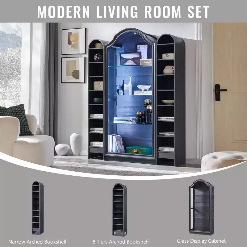 72 Arched Kitchen Pantry, 4-Tier Glass Display Cabinet with 20 Color LED Lights, Modern Display Case Shelf for Living Room