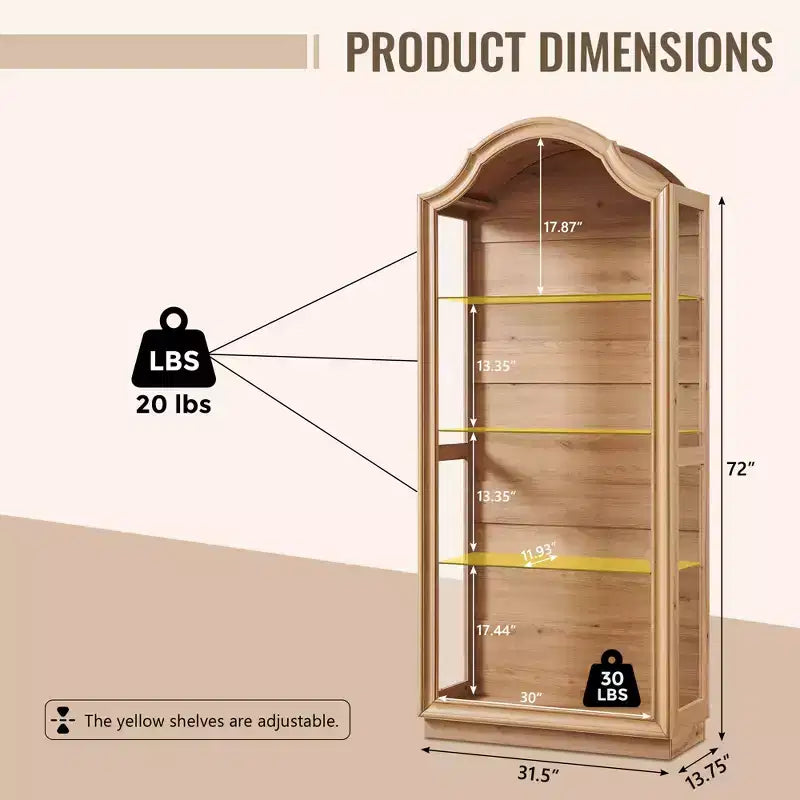 72 Arched Kitchen Pantry, 4-Tier Glass Display Cabinet with 20 Color LED Lights, Modern Display Case Shelf for Living Room