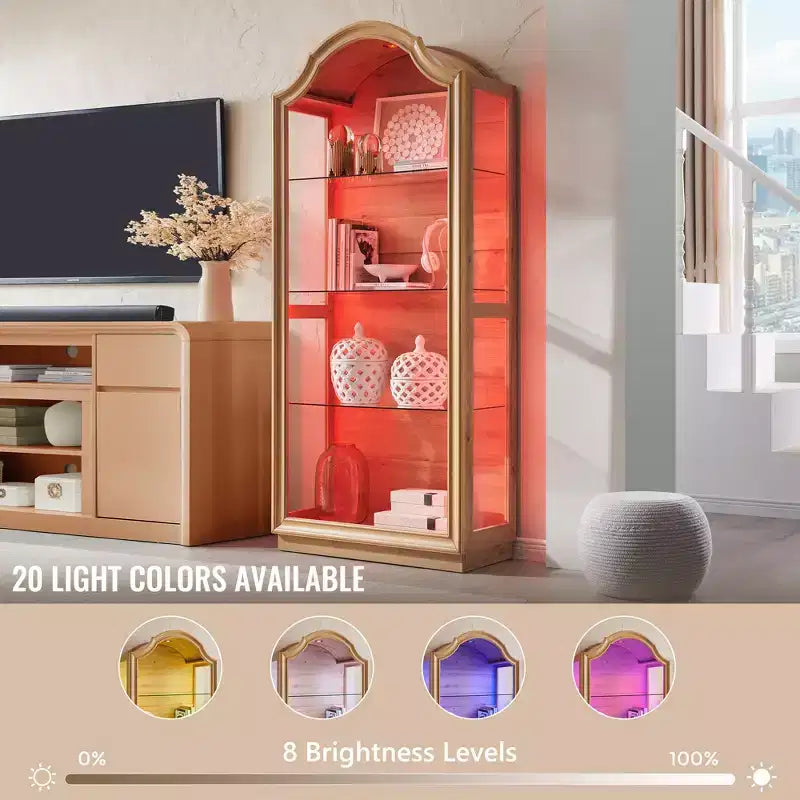 72 Arched Kitchen Pantry, 4-Tier Glass Display Cabinet with 20 Color LED Lights, Modern Display Case Shelf for Living Room