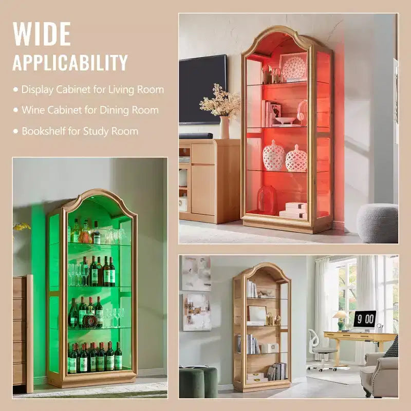 72 Arched Kitchen Pantry, 4-Tier Glass Display Cabinet with 20 Color LED Lights, Modern Display Case Shelf for Living Room
