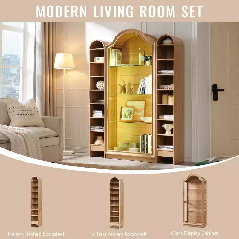 72 Arched Kitchen Pantry, 4-Tier Glass Display Cabinet with 20 Color LED Lights, Modern Display Case Shelf for Living Room