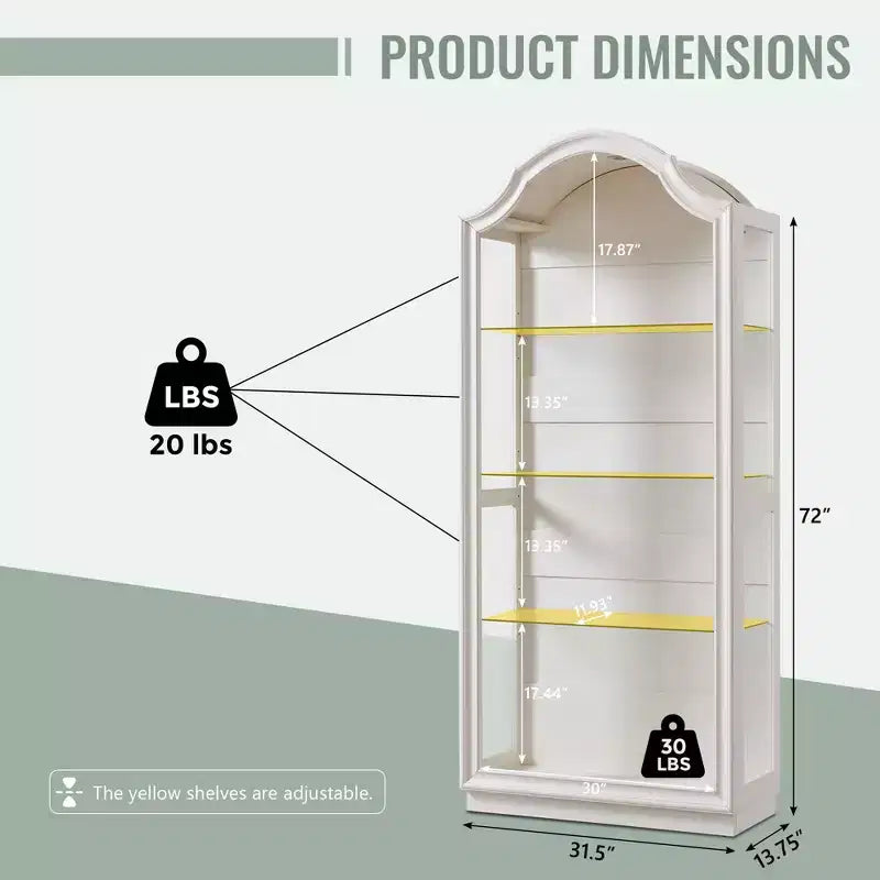 72 Arched Kitchen Pantry, 4-Tier Glass Display Cabinet with 20 Color LED Lights, Modern Display Case Shelf for Living Room